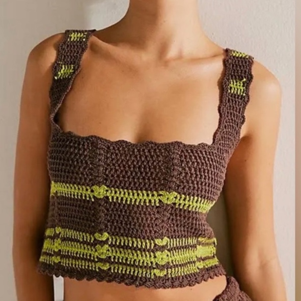 FP Beach Donni Chocolate Brown/Green Crochet Cropped Sleeveless Sweater SZ M